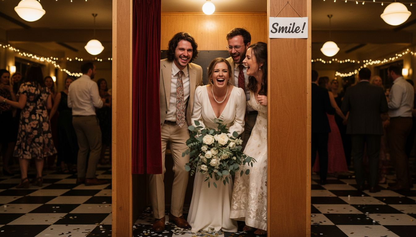 Guests posing in vintage photo booth at wedding