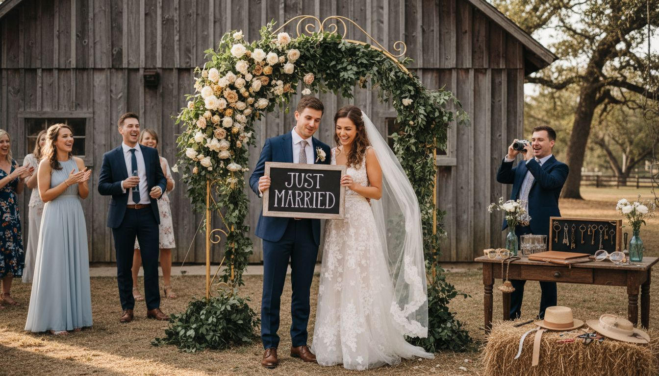 Bride and groom at floral wedding photo booth