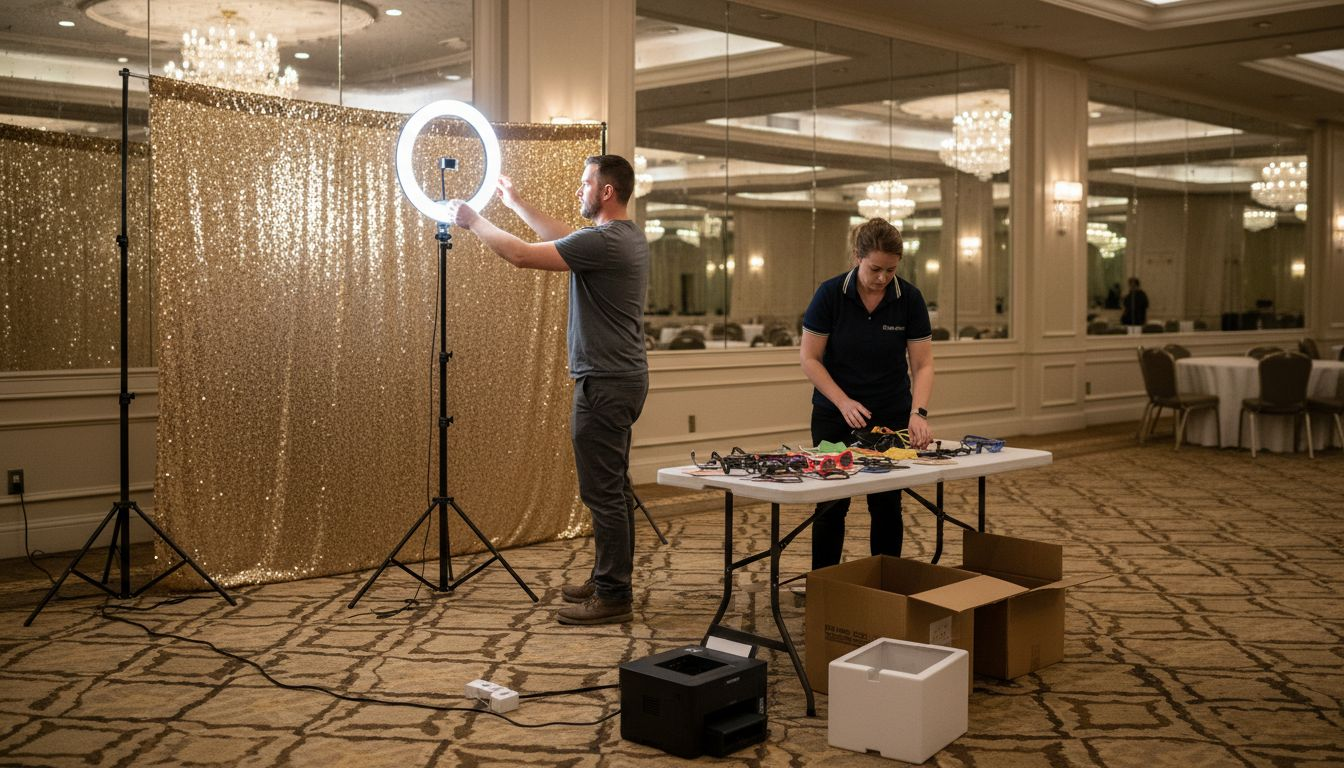 Team sets up photo booth in event space