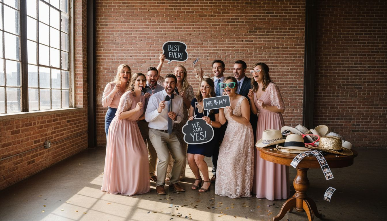 Wedding guests having fun in a photo booth