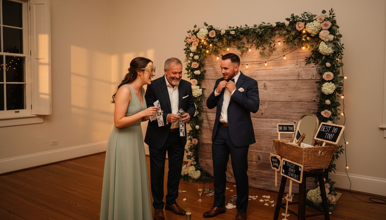 Wedding guests posing at candid photo booth scene