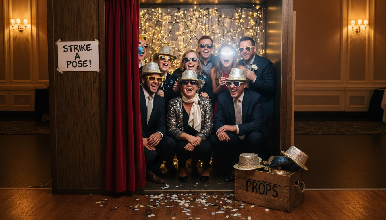 Guests laughing at photo booth with props