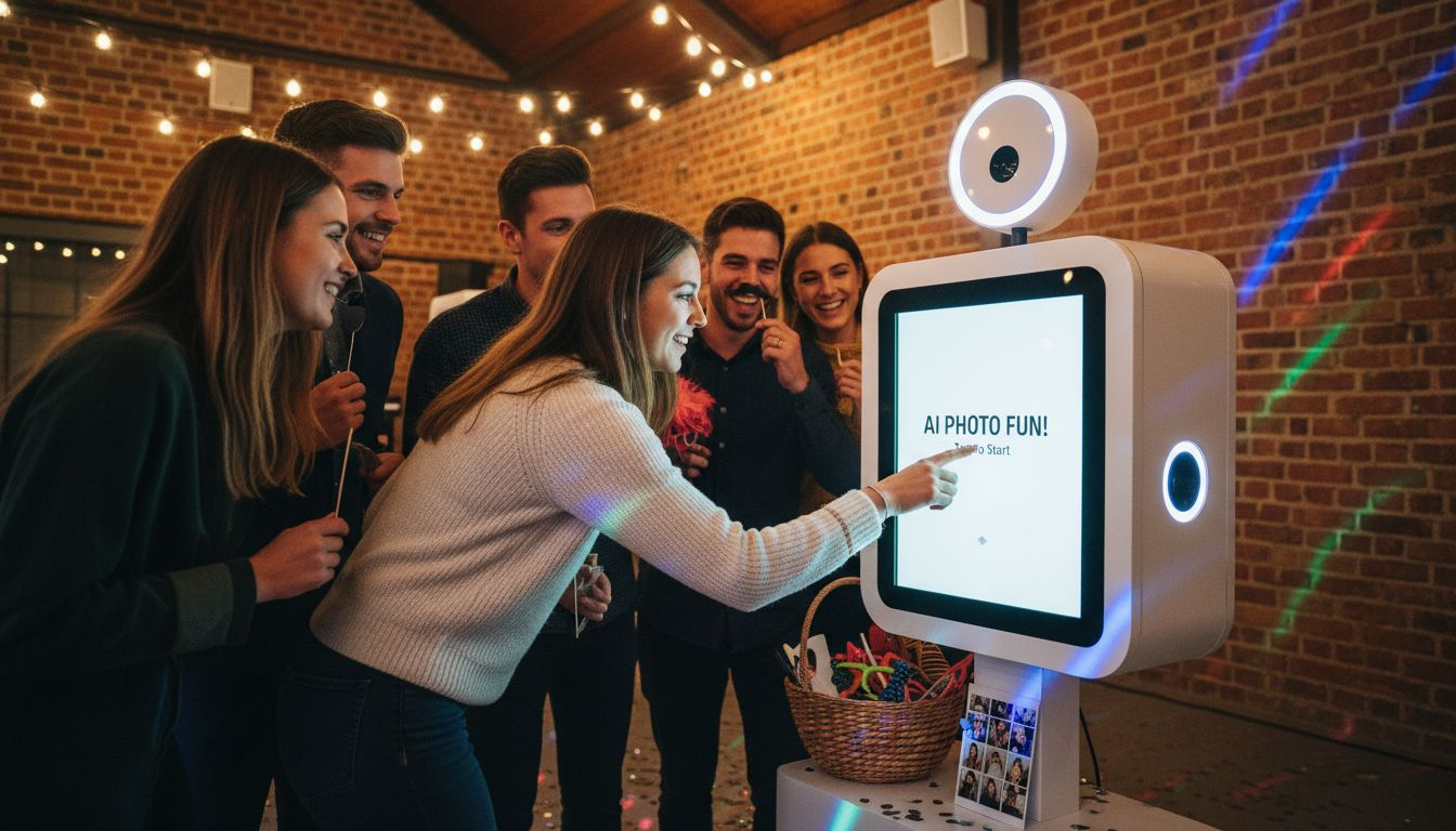 Guests interacting with AI photo booth at event