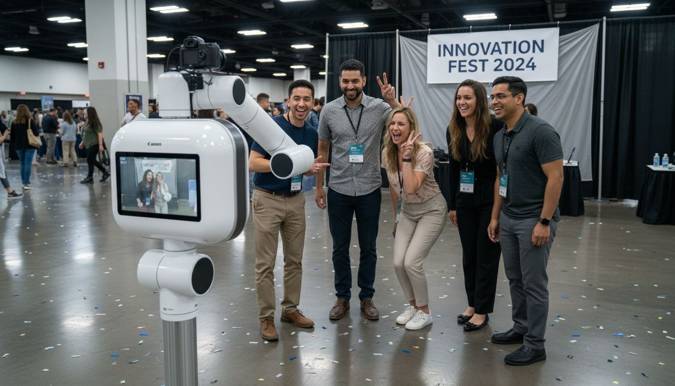 Guests interacting with robot photo booth at event
