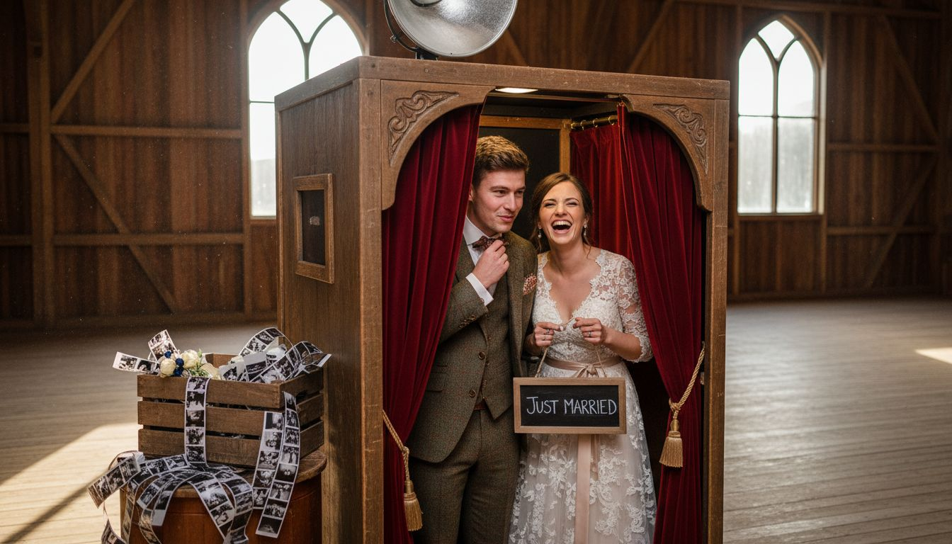Couple in vintage photo booth at wedding