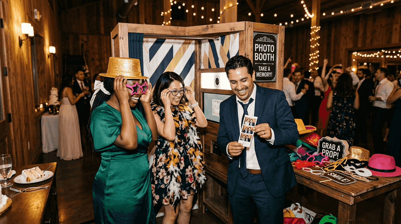 Guests using photo booth at wedding reception