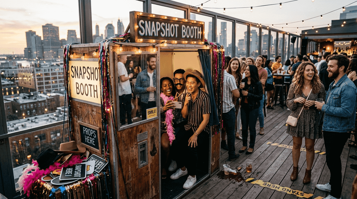 Guests enjoying playful photo booth at rooftop event
