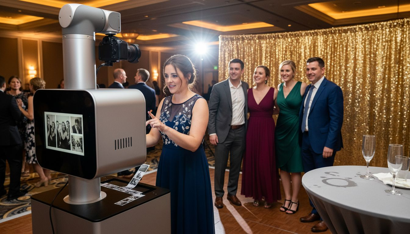 Guests using robot photo booth at event