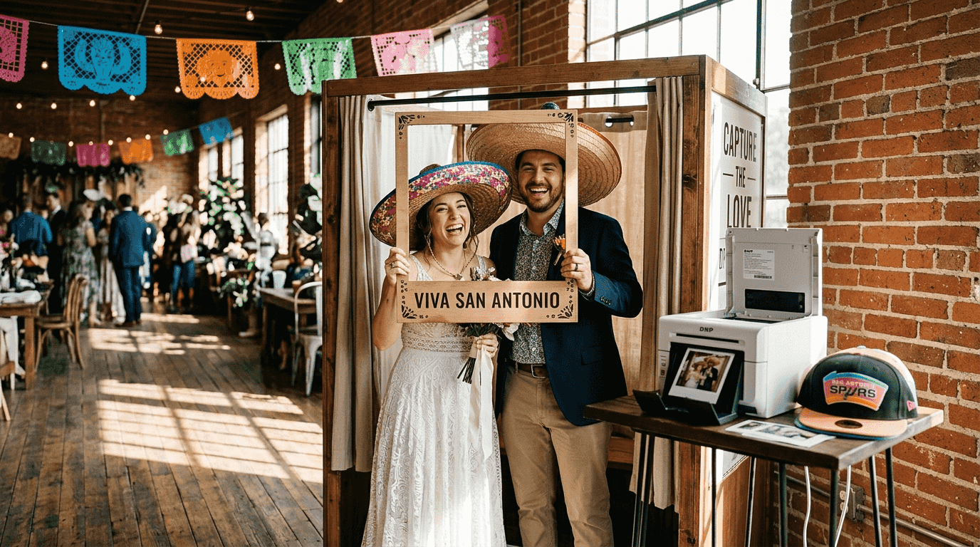 Couple using San Antonio photo booth at wedding