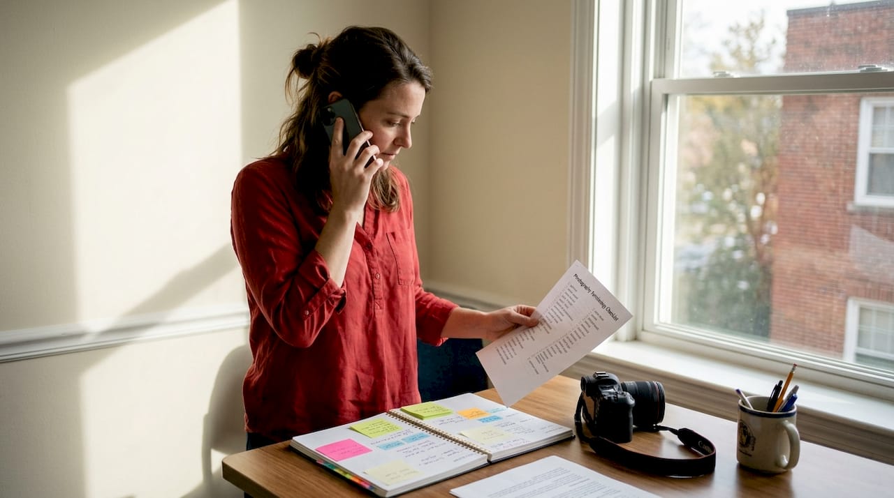 Event planner reviewing photography checklist