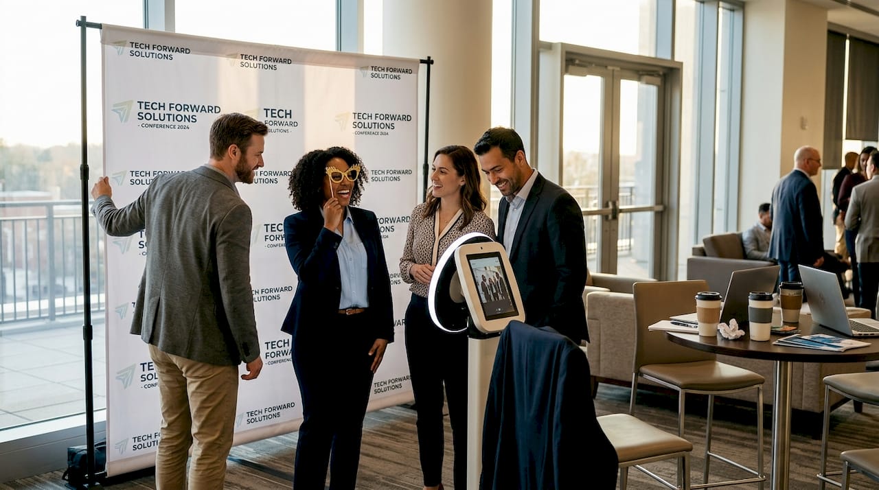 Colleagues enjoying candid office photo booth