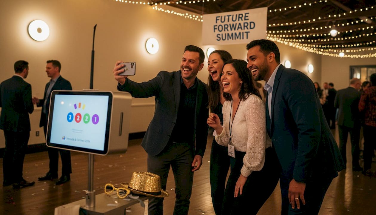 Guests using photo booth at event