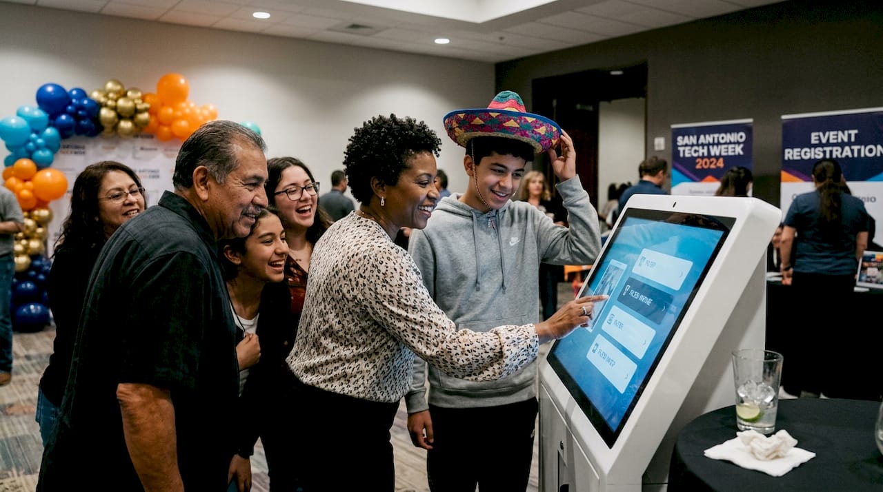 Guests interacting with photo booth at event