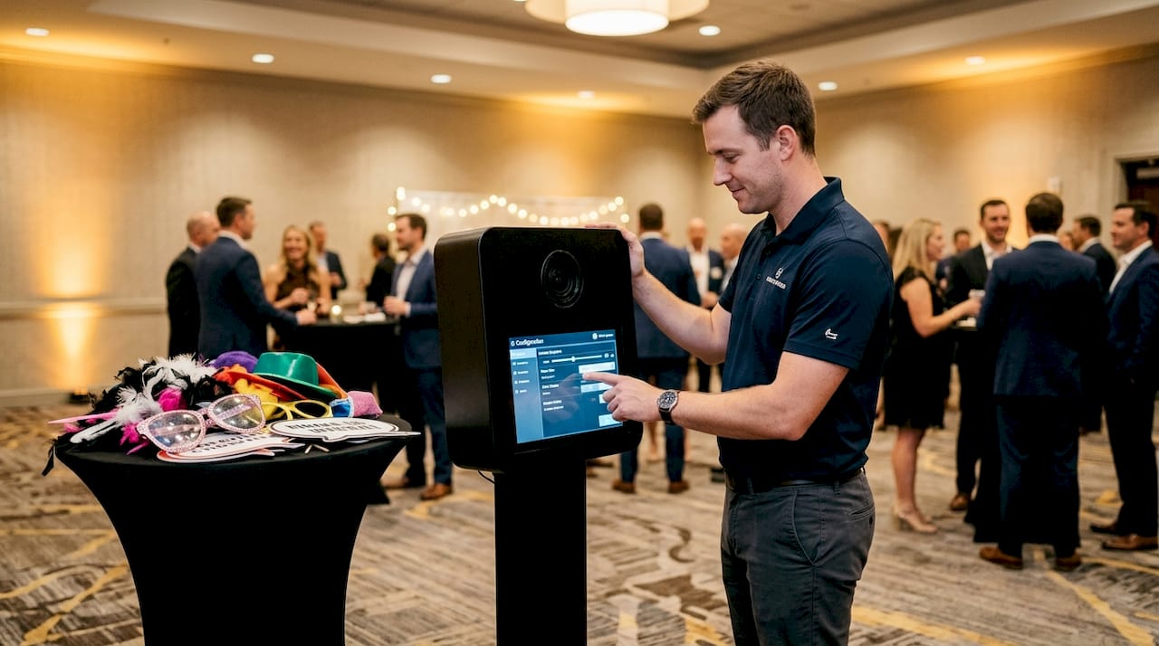 Technician adjusting photo booth at event