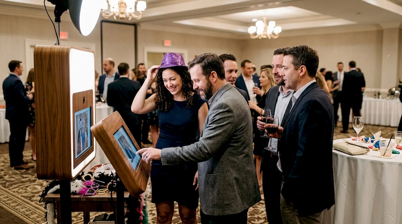Guests using event photo booth candidly