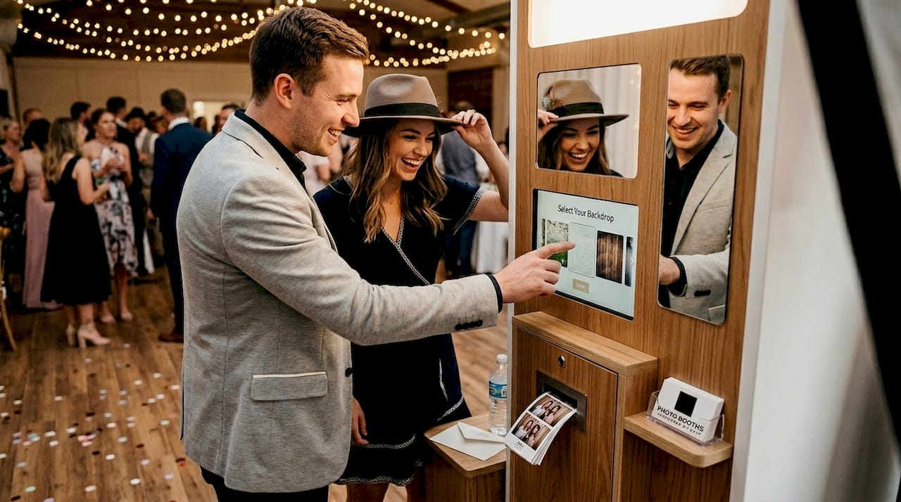 Guests interact with touchscreen in photo booth