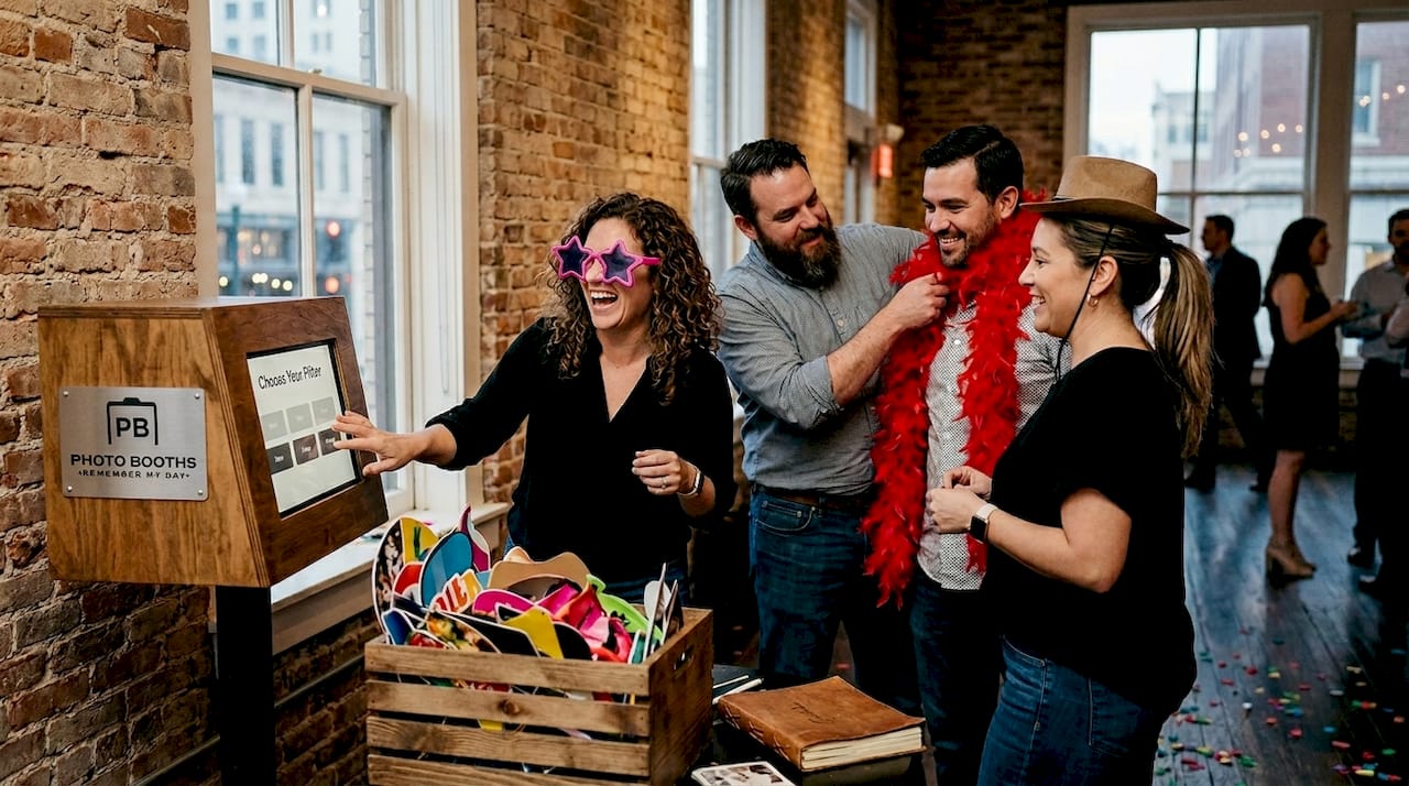 Adults enjoying photo booth at San Antonio event