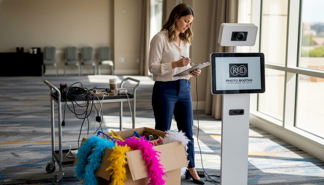 Planner checks digital photo booth setup in conference room