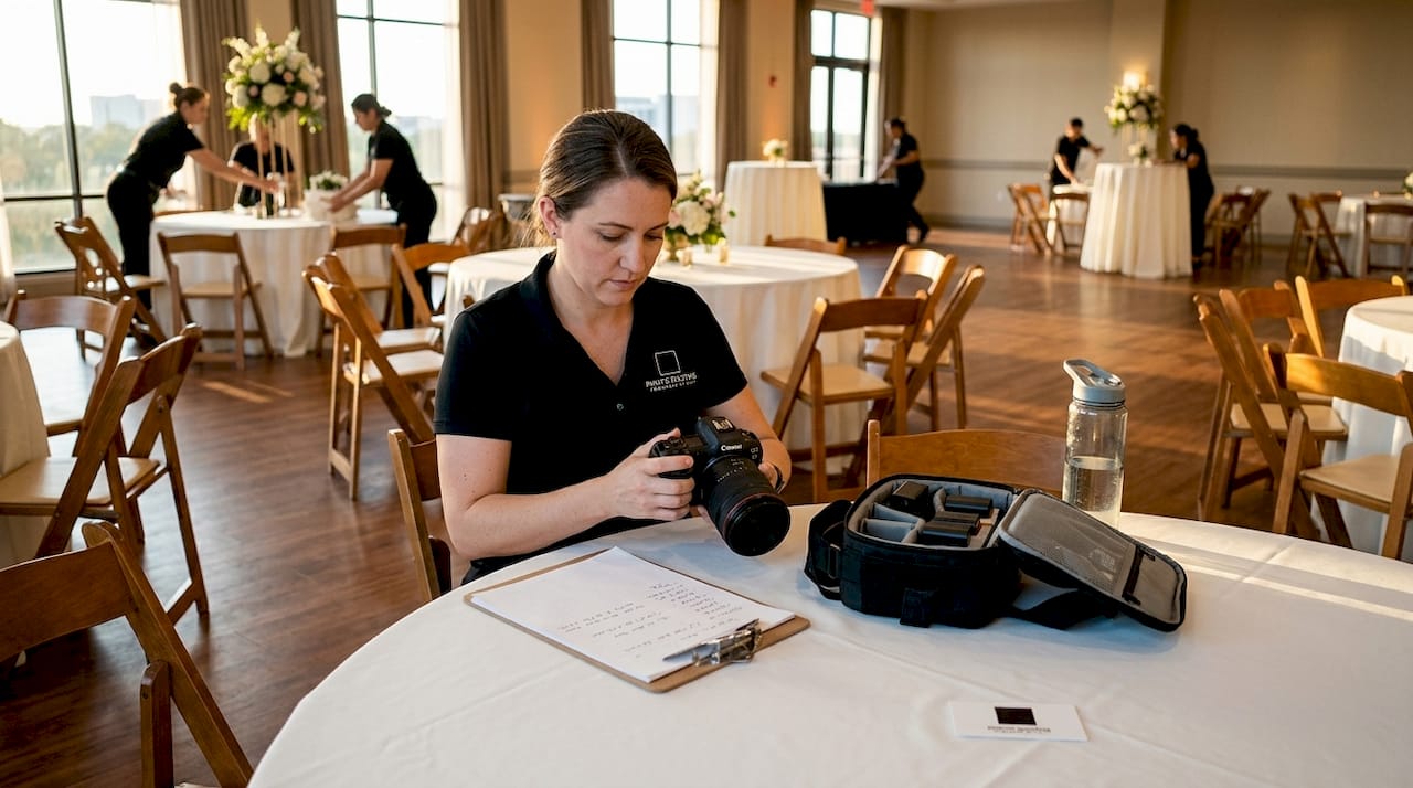 Event photographer setting up in ballroom