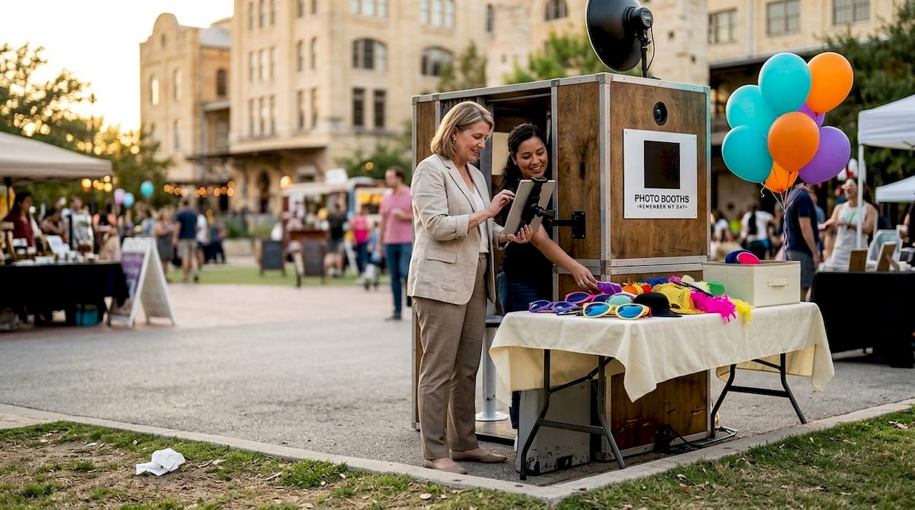 Event coordinator setting up photo booth outdoors