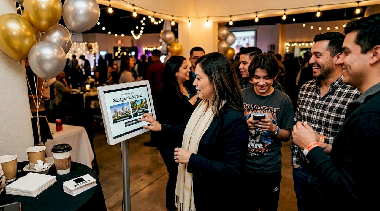 Guests using AI photo booth at crowded event