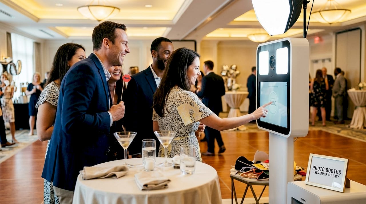 Guests using AI photo booth at event
