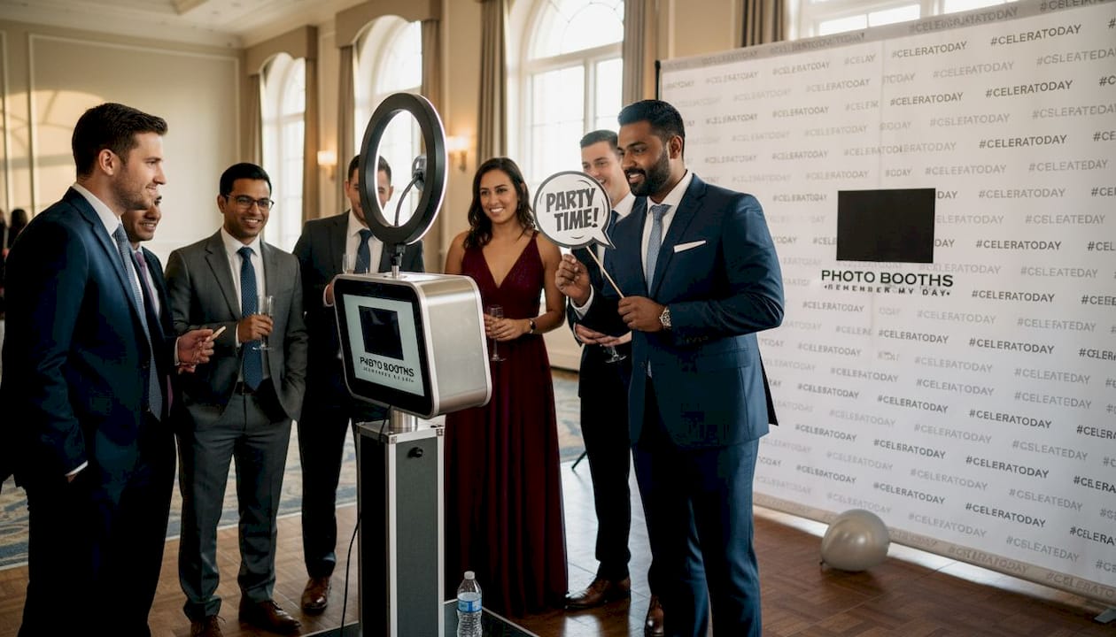 Guests using branded photo booth at event