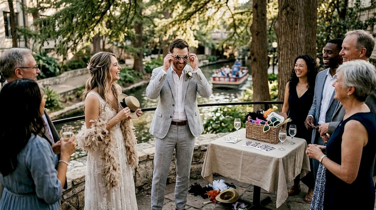 Wedding guests laugh by photo booth outdoors