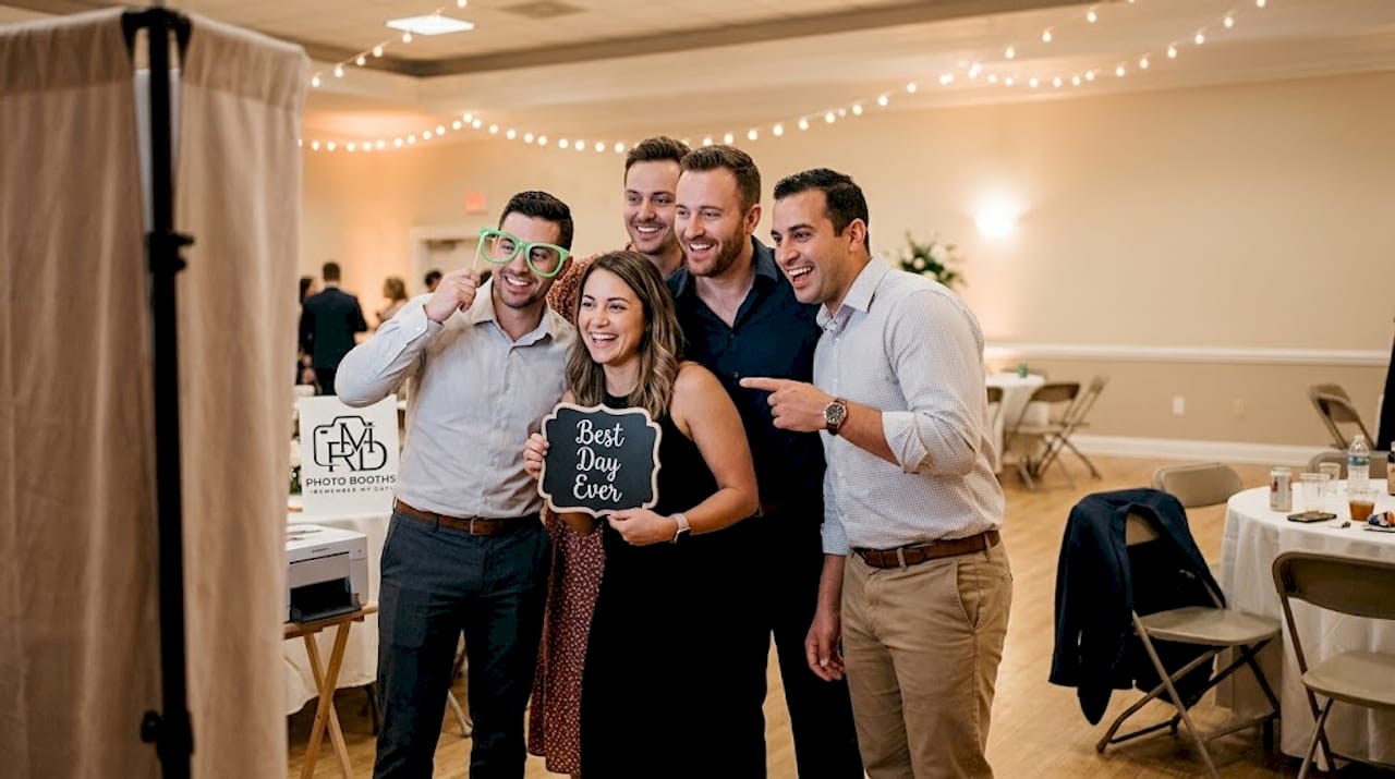 Group laughing at open-air photo booth