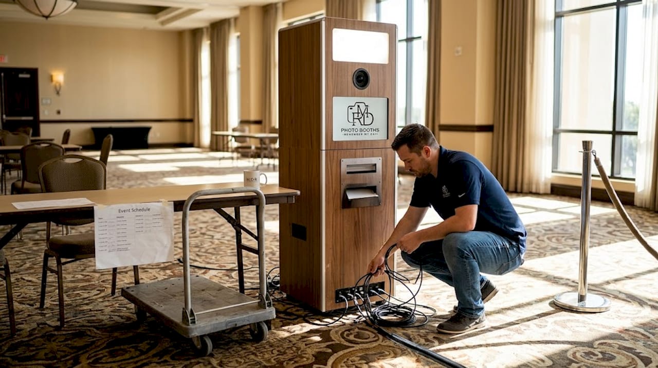 Technician prepares photo booth in hotel ballroom