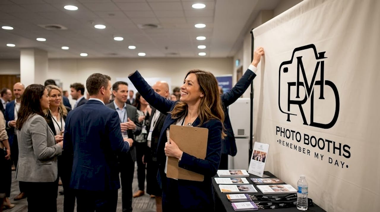 Coordinator adjusting branded photo booth backdrop