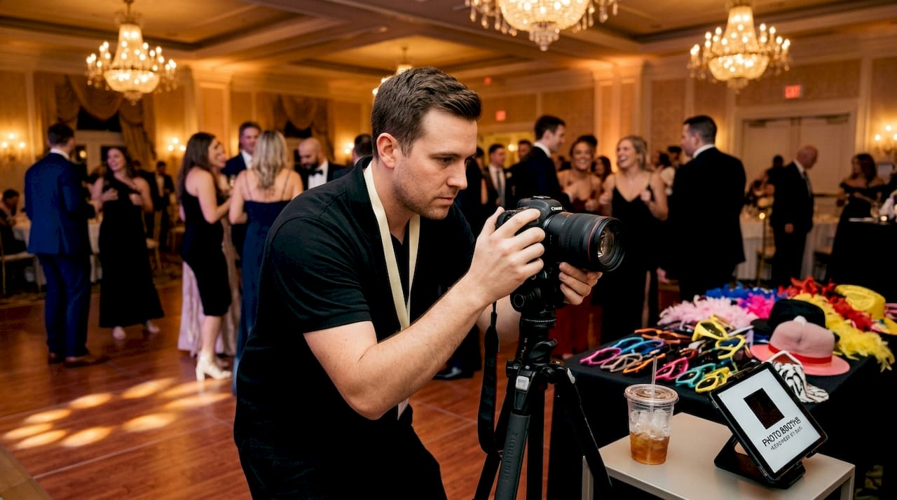 Technician prepping photo booth at busy event