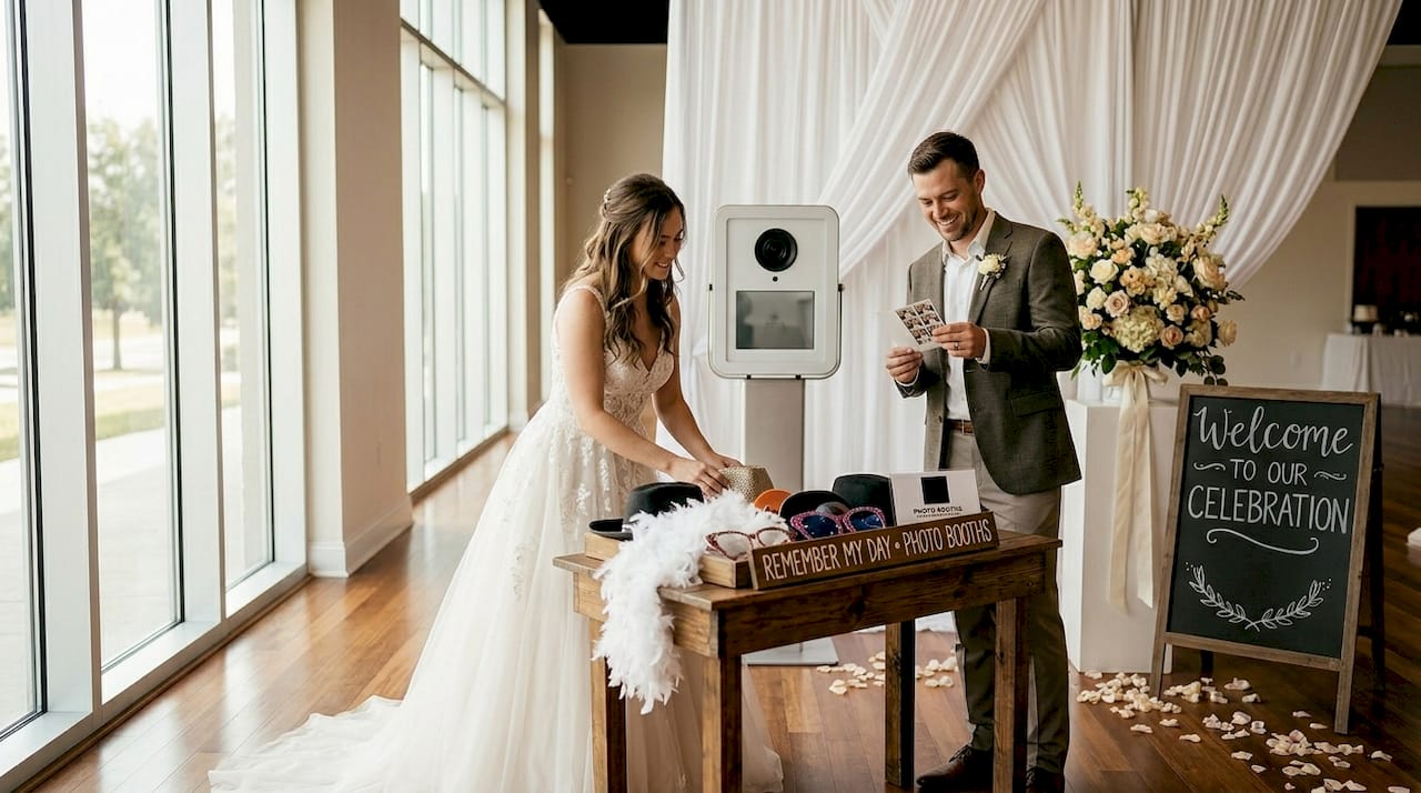 Couple prepping wedding photo booth in hall