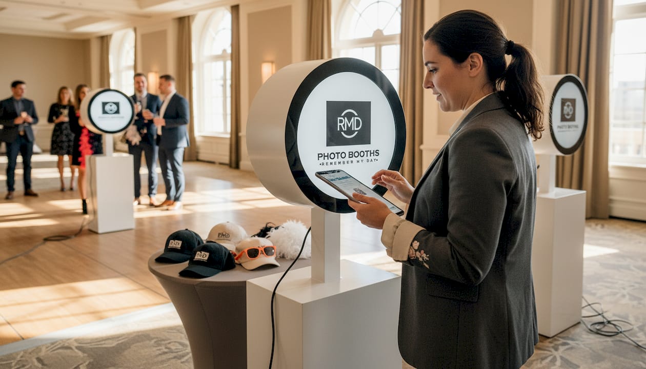 Event coordinator checking modern photo booth setup