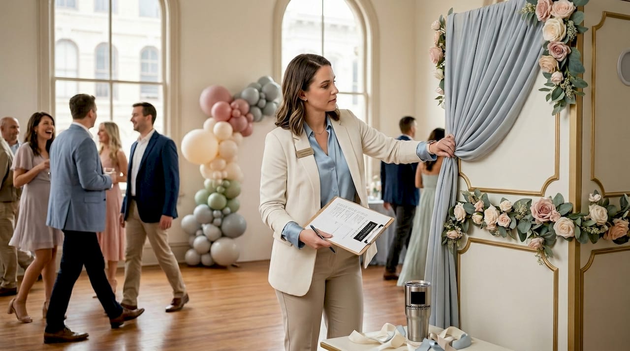 Coordinator adjusting photo booth for San Antonio event