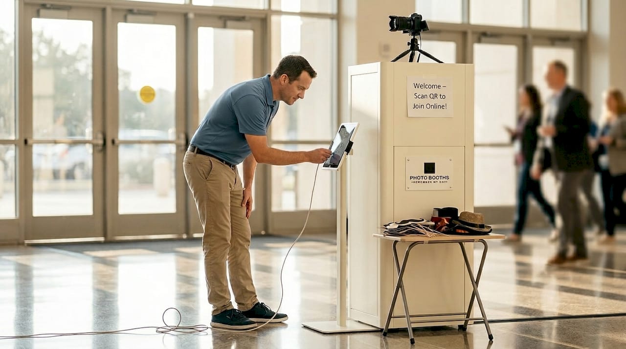 Technician setting up hybrid photo booth kiosk
