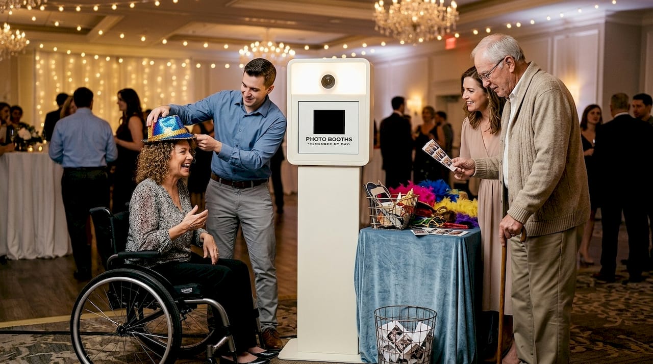Guests of varying abilities using accessible photo booth