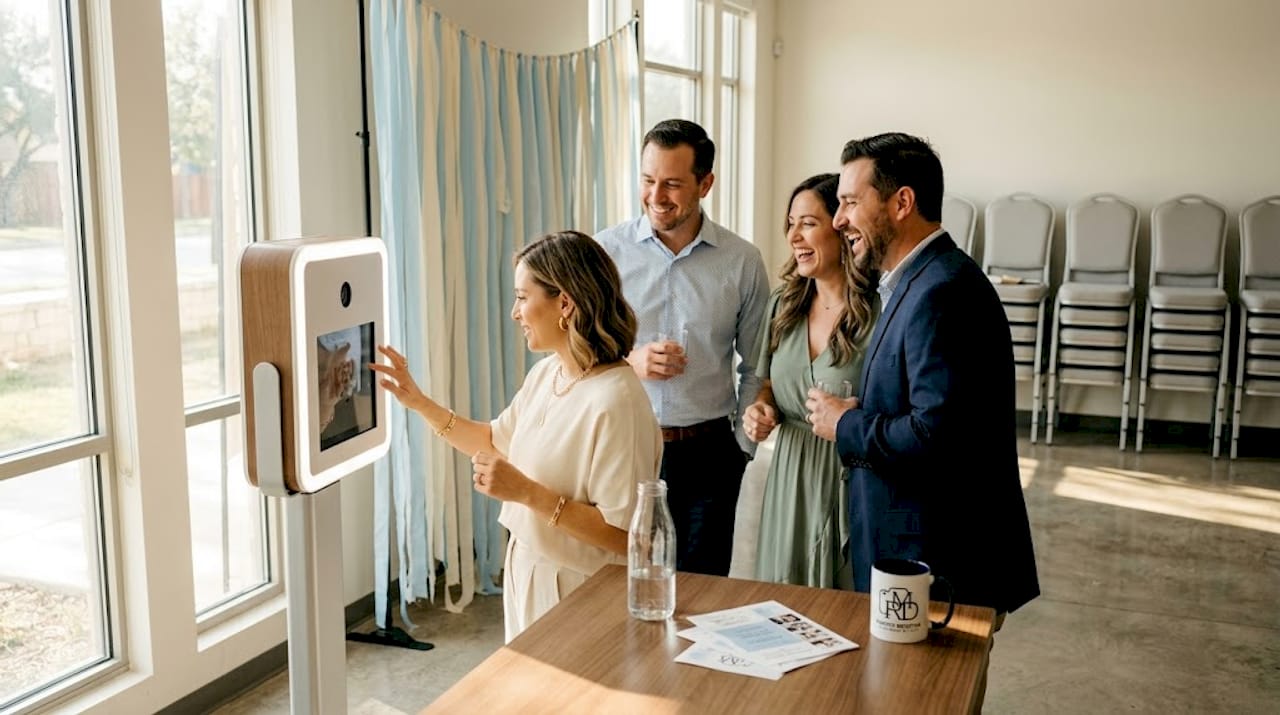 Guests interacting with touchless photo booth at event