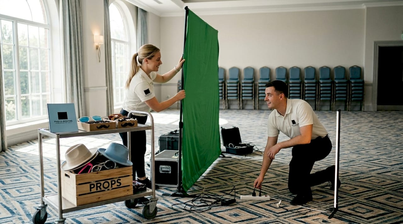 Staff setting up green screen photo booth