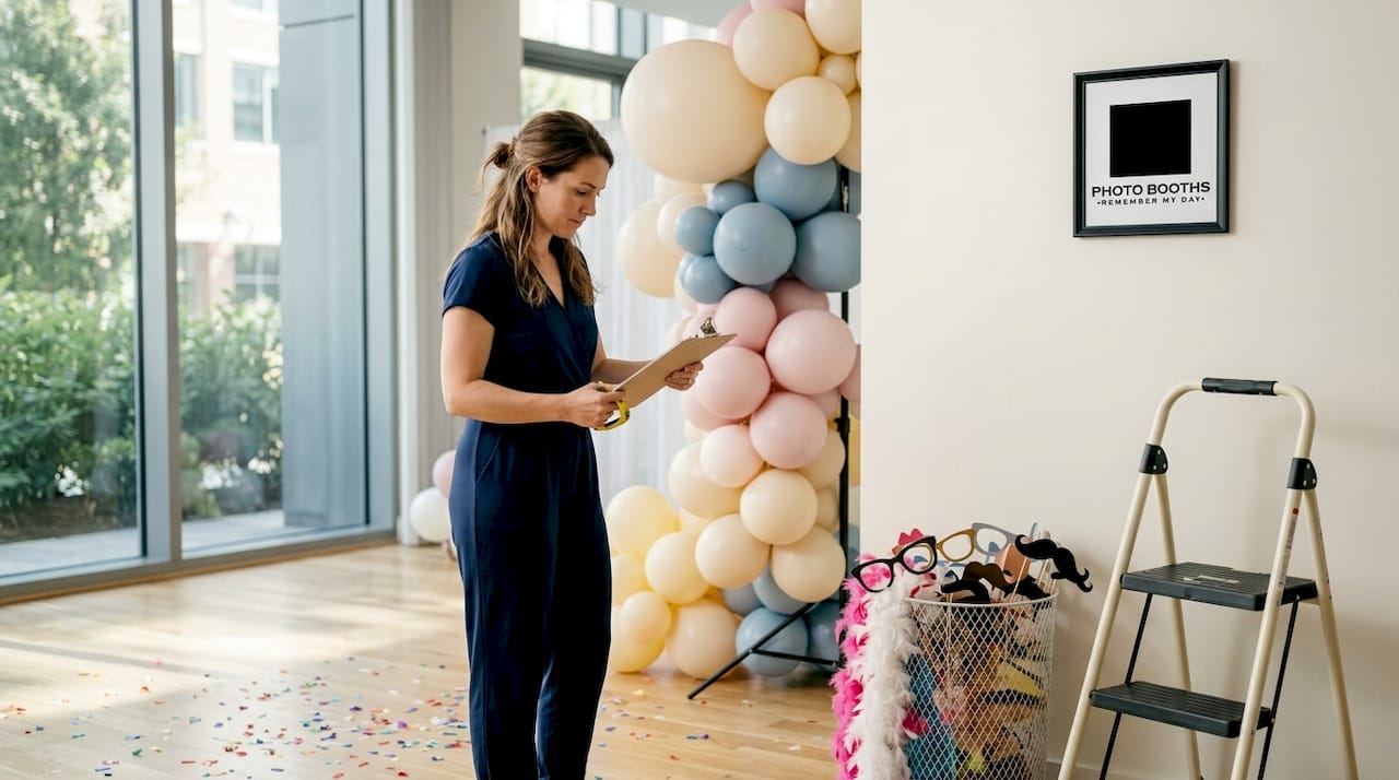 Event planner organizing photo booth area setup