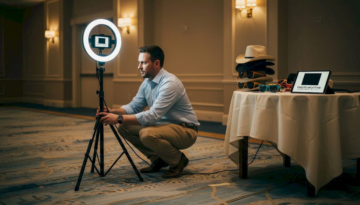 Event coordinator setting up photo booth