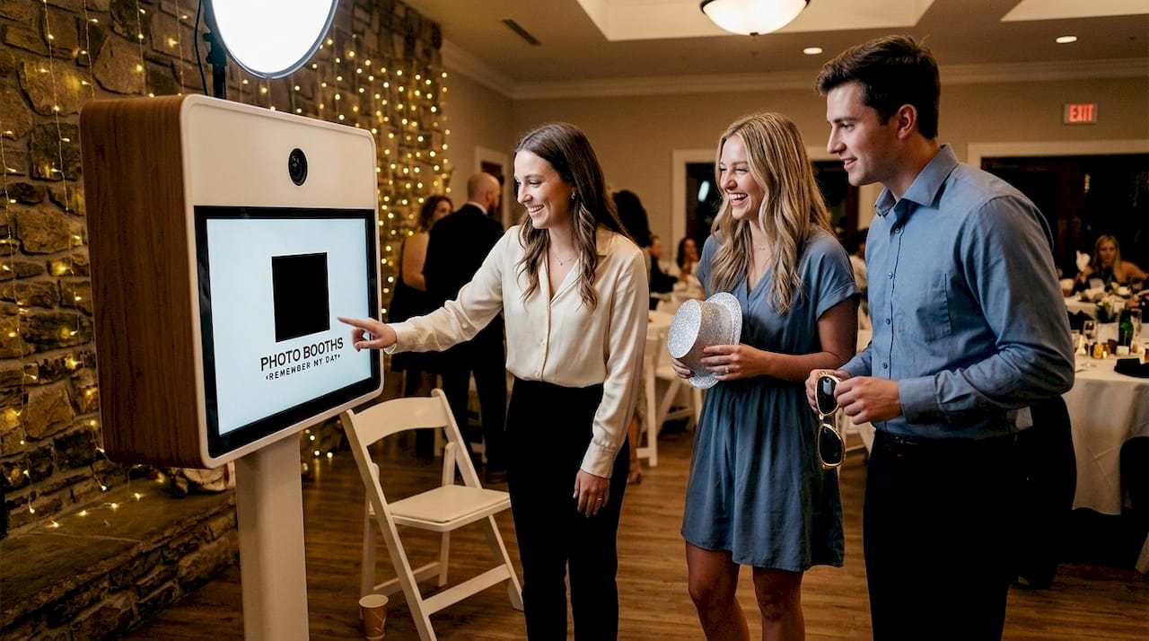 Guests using GIF booth at festive party