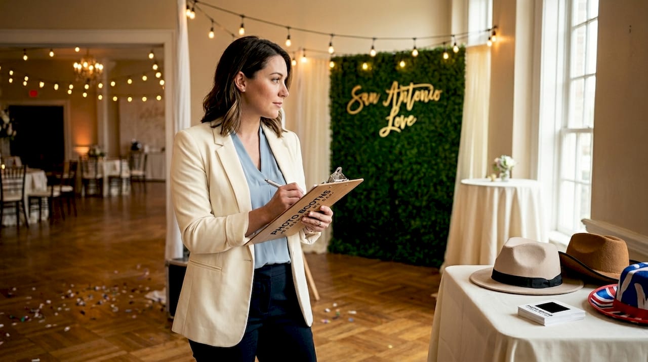 Wedding planner arranging San Antonio photo booth area