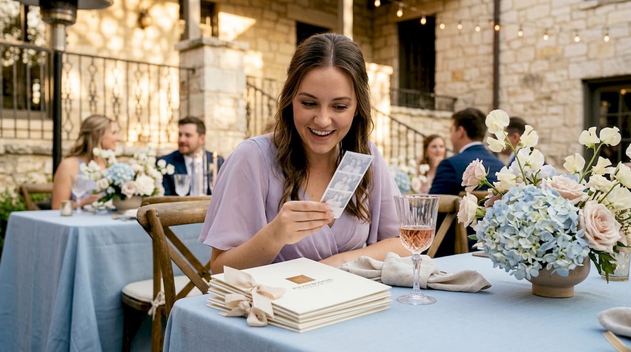Wedding guest handling photo booth keepsake