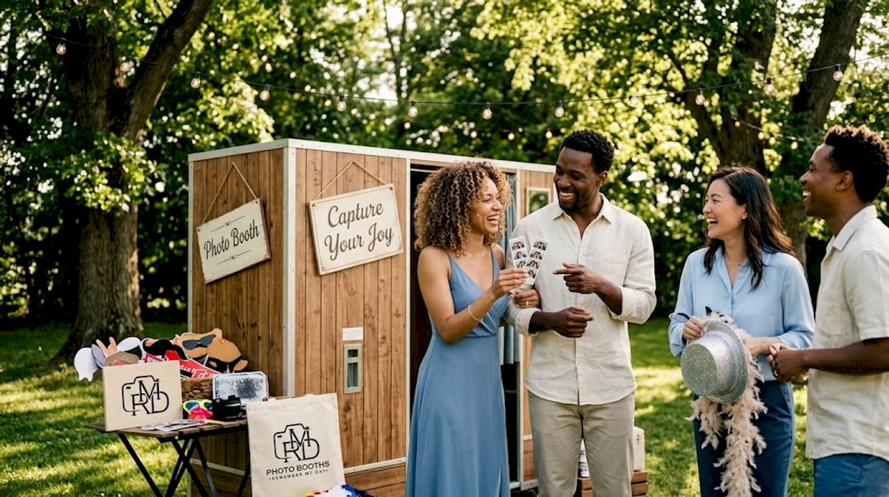 Guests interact near vintage photo booth at event