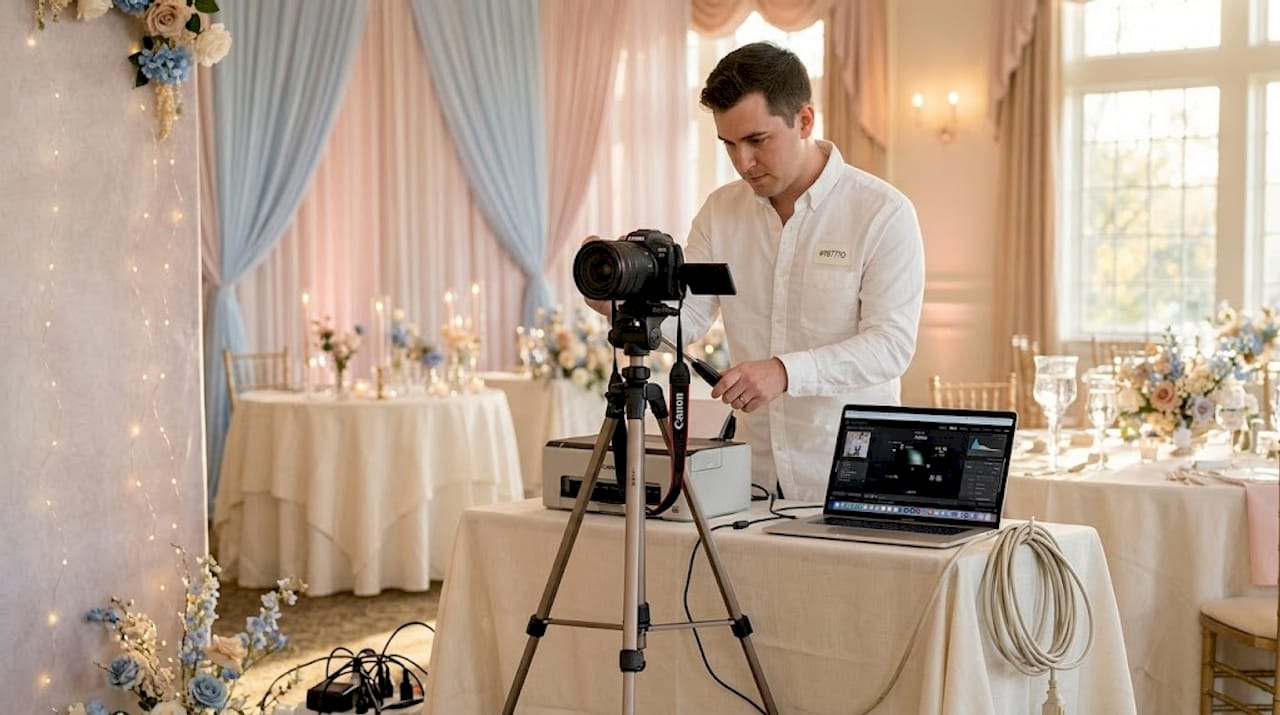 Staff setting up wedding photo booth equipment