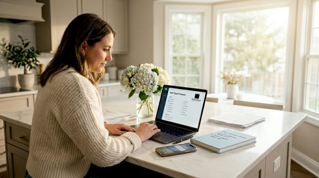 Event planner checks wedding booth list at home
