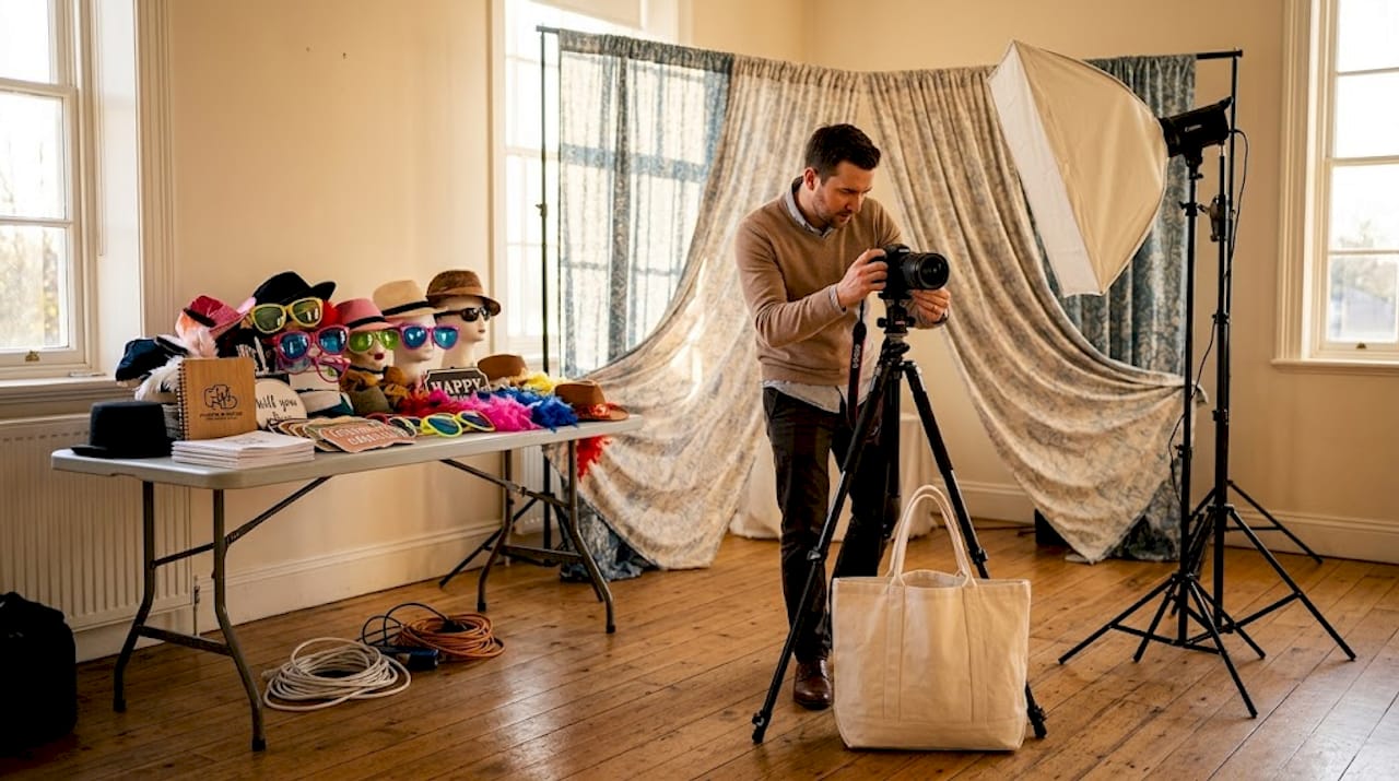 Event planner sets up photo booth equipment