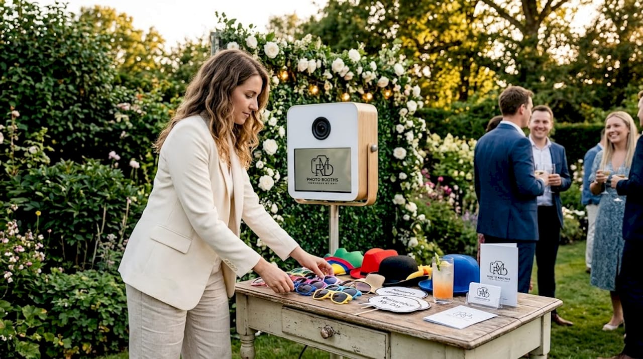Coordinator arranging props at open-air photo booth