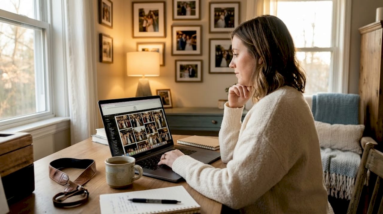 Photographer reviewing event photos on laptop